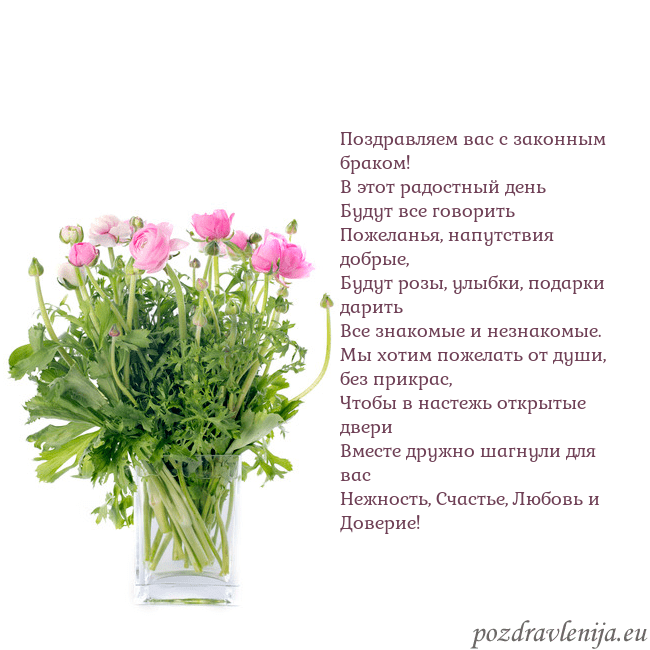 Открытка с цветами в вазе Поздравляем вас с законным браком!
В этот радостны Открытка с цветами в вазе