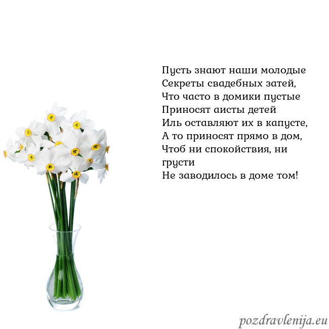 Открытка с нарциссами Пусть знают наши молодые
Секреты свадебных затей,
Открытка с нарциссами