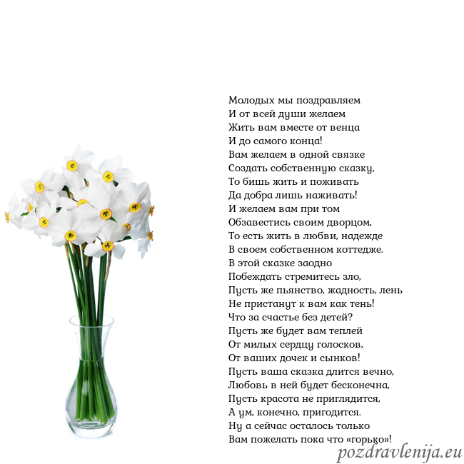 Открытка с нарциссами Молодых мы поздравляем
И от всей души желаем
Жить Открытка с нарциссами
