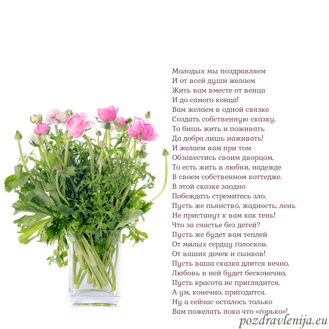 Открытка с цветами в вазе Молодых мы поздравляем
И от всей души желаем
Жить Открытка с цветами в вазе