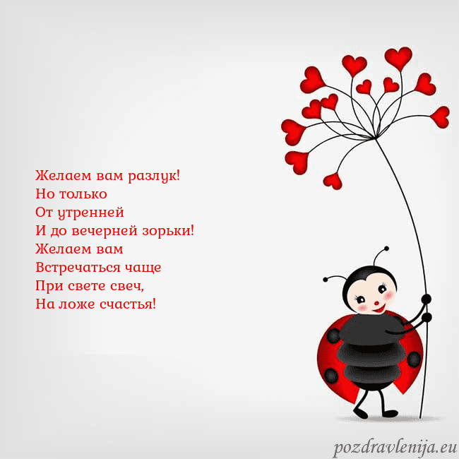 Открытка с божьей коровкой Желаем вам разлук!
Но только
От утренней
И до вече Открытка с божьей коровкой
