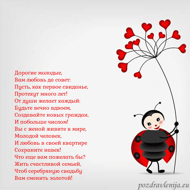 Открытка с божьей коровкой Дорогие молодые,
Вам любовь да совет:
Пусть, как п Открытка с божьей коровкой