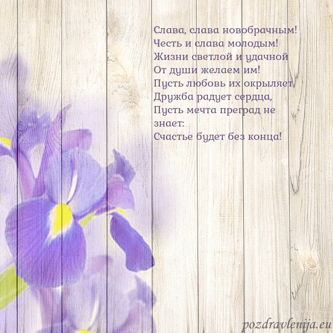 Открытка с ирисами Слава, слава новобрачным!
Честь и слава молодым!
Ж Открытка с ирисами