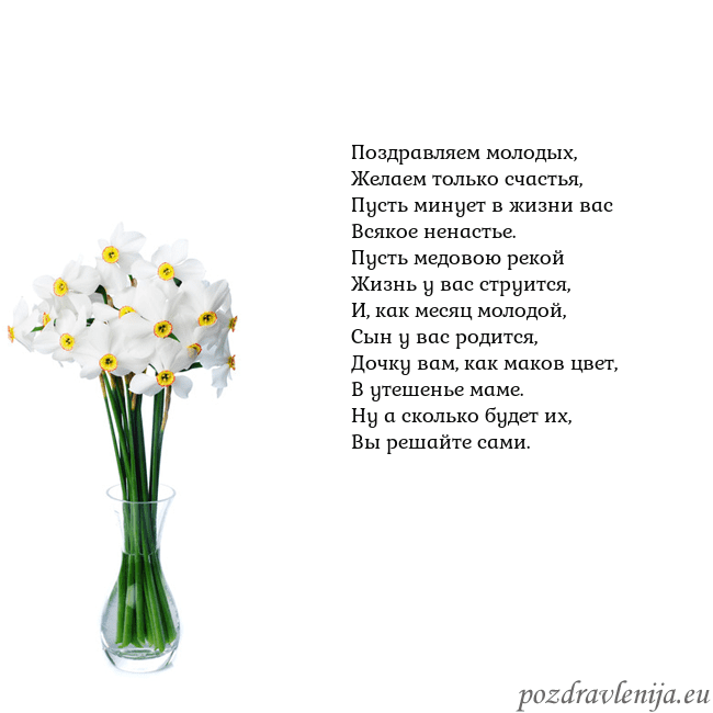 Открытка с нарциссами Поздравляем молодых,
Желаем только счастья,
Пусть Открытка с нарциссами