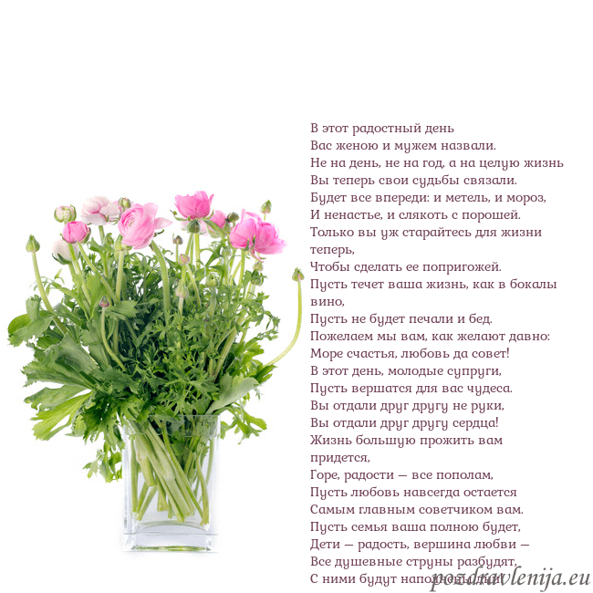 Открытка с цветами в вазе В этот радостный день
Вас женою и мужем назвали.
Н Открытка с цветами в вазе