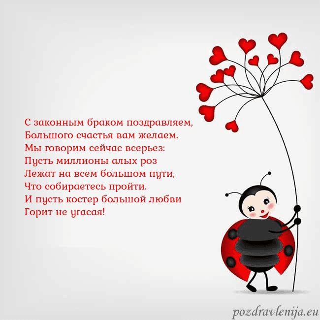 Открытка с божьей коровкой С законным браком поздравляем,
Большого счастья ва Открытка с божьей коровкой