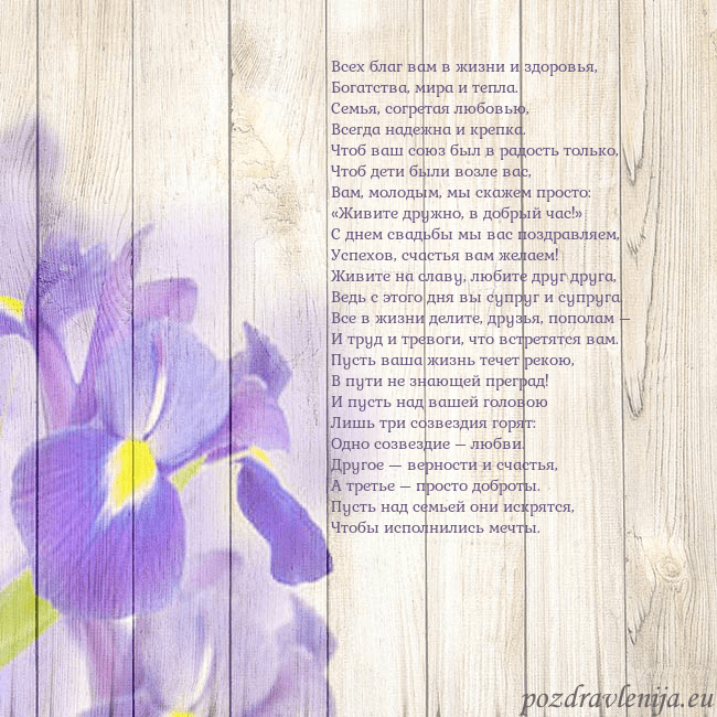 Открытка с ирисами Всех благ вам в жизни и здоровья,
Богатства, мира Открытка с ирисами