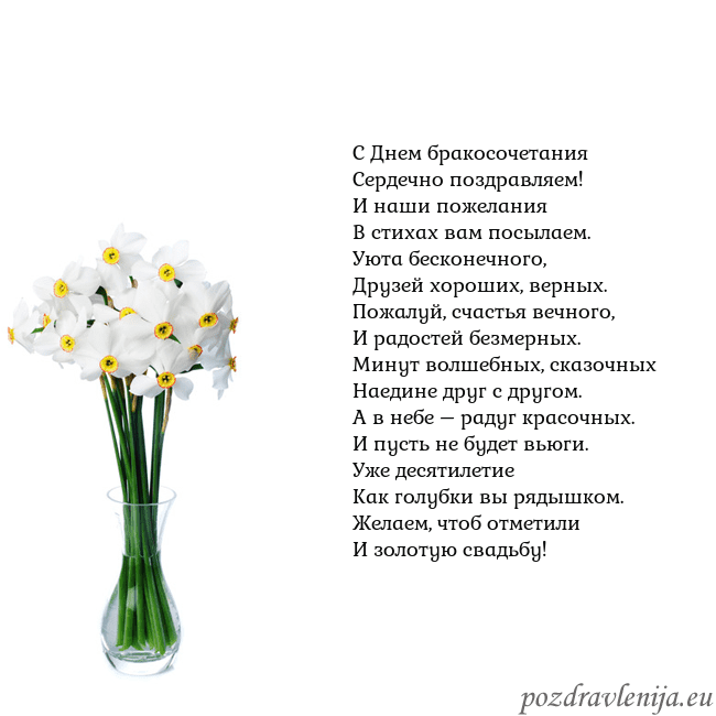 Открытка с нарциссами С Днем бракосочетания
Сердечно поздравляем!
И наши Открытка с нарциссами