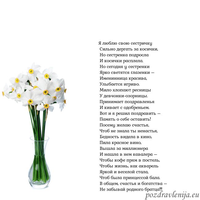 Открытка с нарциссами Я люблю свою сестричку
Сильно дергать за косички Открытка с нарциссами