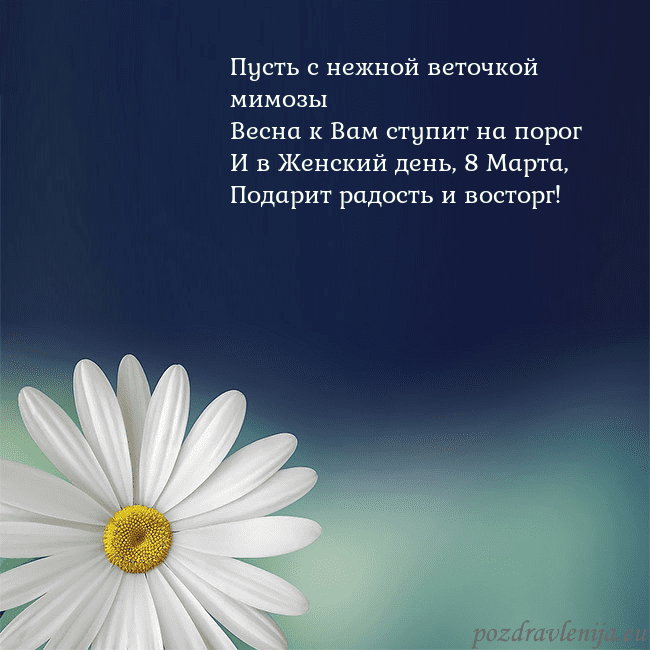 Открытка с большой ромашкой Пусть с нежной веточкой мимозы
Весна к Вам ступит Открытка с большой ромашкой