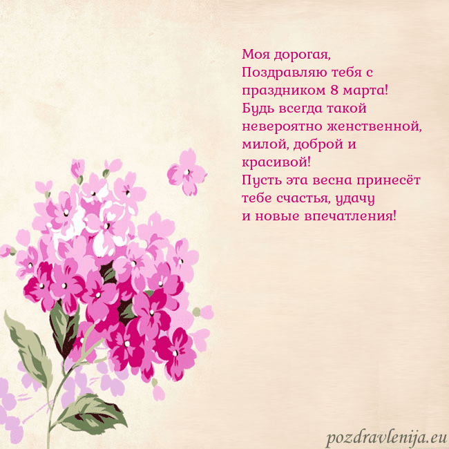 Открытка с гортензией Моя дорогая,
Поздравляю тебя с праздником 8 марта Открытка с гортензией