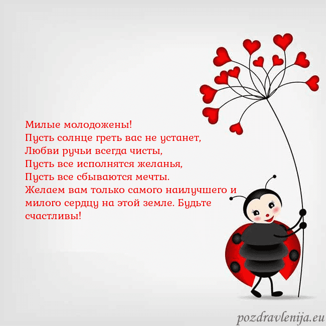 Открытка с божьей коровкой Милые молодожены!
Пусть солнце греть вас не устан Открытка с божьей коровкой
