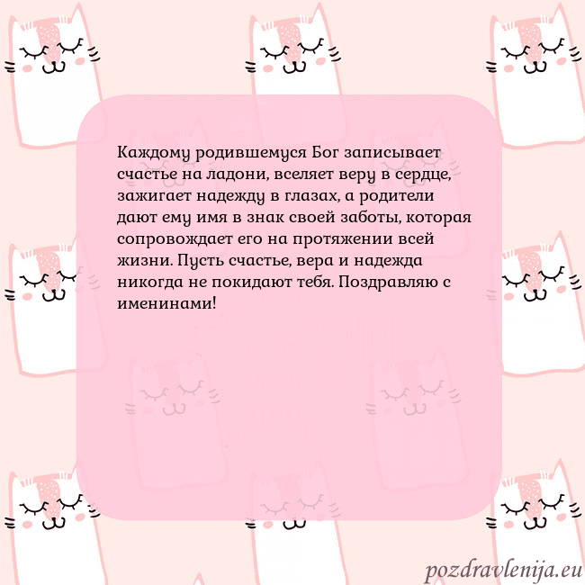 Розовая открытка с забавными кошками Каждому родившемуся Бог записывает счастье на ладо Розовая открытка с забавными кошками