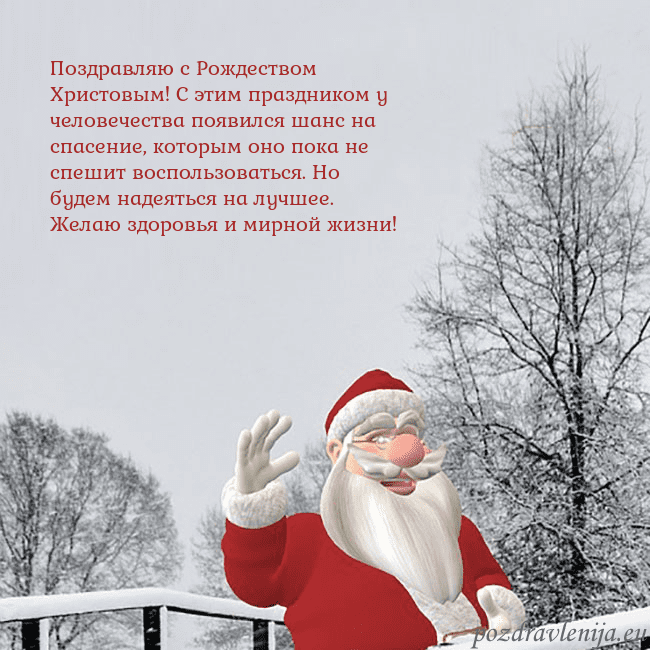Открытка с Дедом Морозом и заснеженными деревьями Поздравляю с Рождеством Христовым! С этим праздник Открытка с Дедом Морозом и заснеженными деревьями