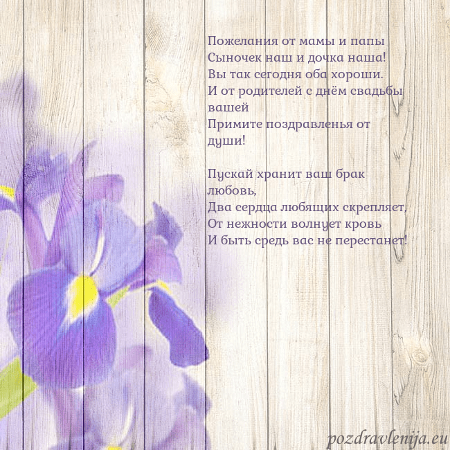 Открытка с ирисами Пожелания от мамы и папы
Сыночек наш и дочка наша! Открытка с ирисами