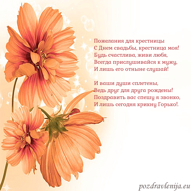 Открытка с оранжевыми цветами Пожелания для крестницы
С Днем свадьбы, крестница Открытка с оранжевыми цветами
