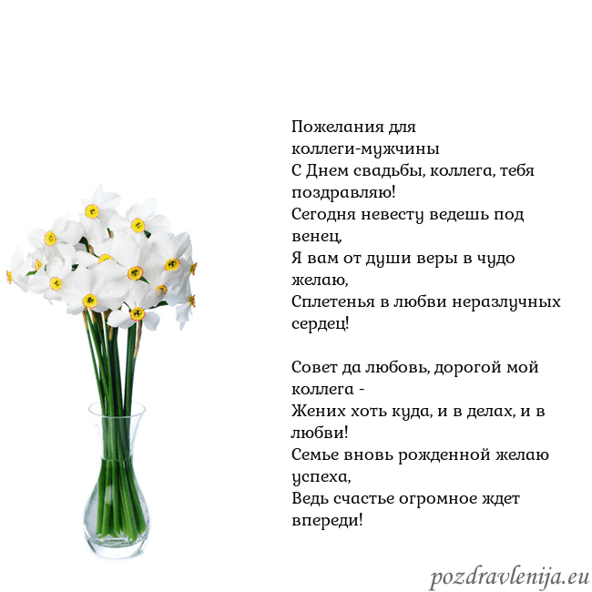 Открытка с нарциссами Пожелания для коллеги-мужчины
С Днем свадьбы, колл Открытка с нарциссами
