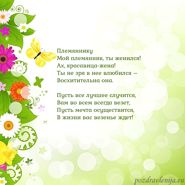 Открытка с разноцветными цветами и бабочками Племяннику
Мой племянник, ты женился!
Ах, красавиц Открытка с разноцветными цветами и бабочками
