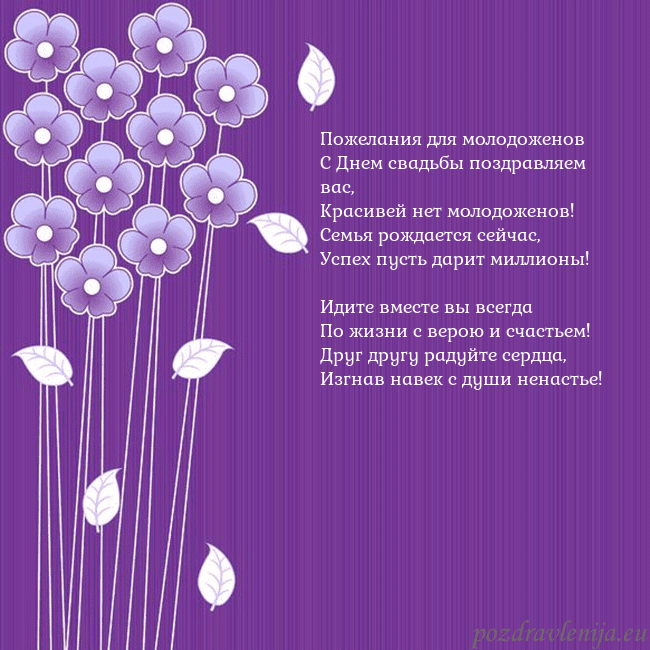 Открытка с фиолетовыми цветами Пожелания для молодоженов
С Днем свадьбы поздравля Открытка с фиолетовыми цветами