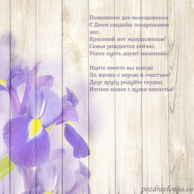 Открытка с ирисами Пожелания для молодоженов
С Днем свадьбы поздравля Открытка с ирисами