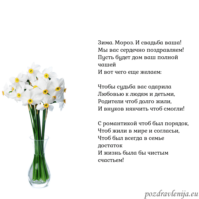 Открытка с нарциссами Зима. Мороз. И свадьба ваша!
Мы вас сердечно поздр Открытка с нарциссами