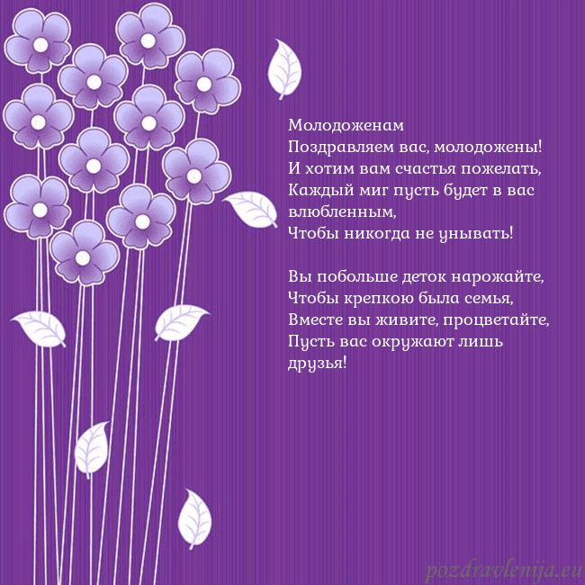 Открытка с фиолетовыми цветами Молодоженам
Поздравляем вас, молодожены!
И хотим в Открытка с фиолетовыми цветами
