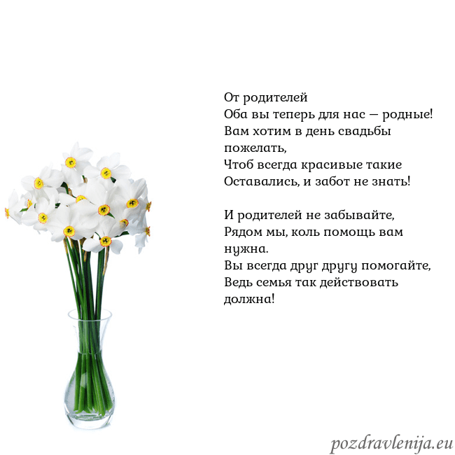 Открытка с нарциссами От родителей
Оба вы теперь для нас – родные!
Вам х Открытка с нарциссами
