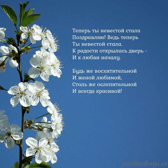 Открытка с весенними цветами Теперь ты невестой стала
Поздравляю! Ведь теперь
Т Открытка с весенними цветами
