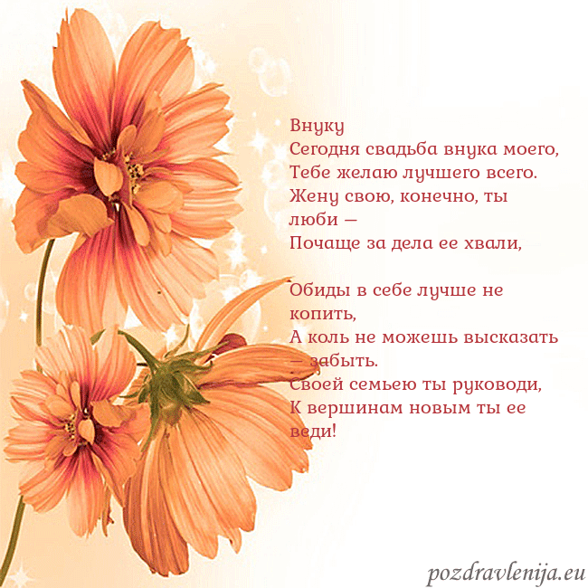 Открытка с оранжевыми цветами Внуку
Сегодня свадьба внука моего,
Тебе желаю лучш Открытка с оранжевыми цветами