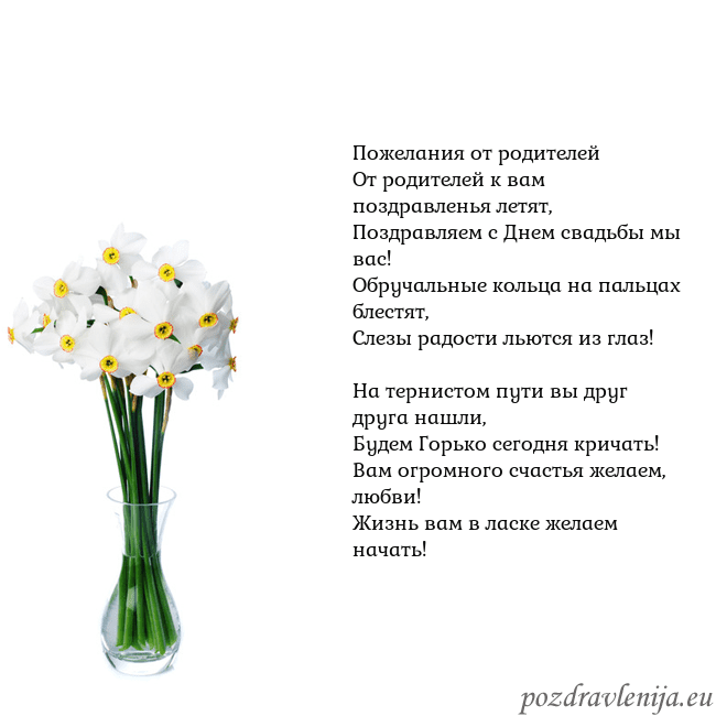Открытка с нарциссами Пожелания от родителей
От родителей к вам поздравл Открытка с нарциссами