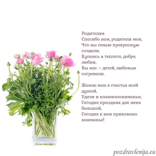 Открытка с цветами в вазе Родителям
Спасибо вам, родители мои,
Что вы семью Открытка с цветами в вазе