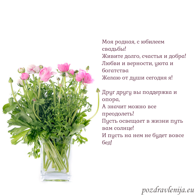 Открытка с цветами в вазе Моя родная, с юбилеем свадьбы!
Живите долго, счаст Открытка с цветами в вазе