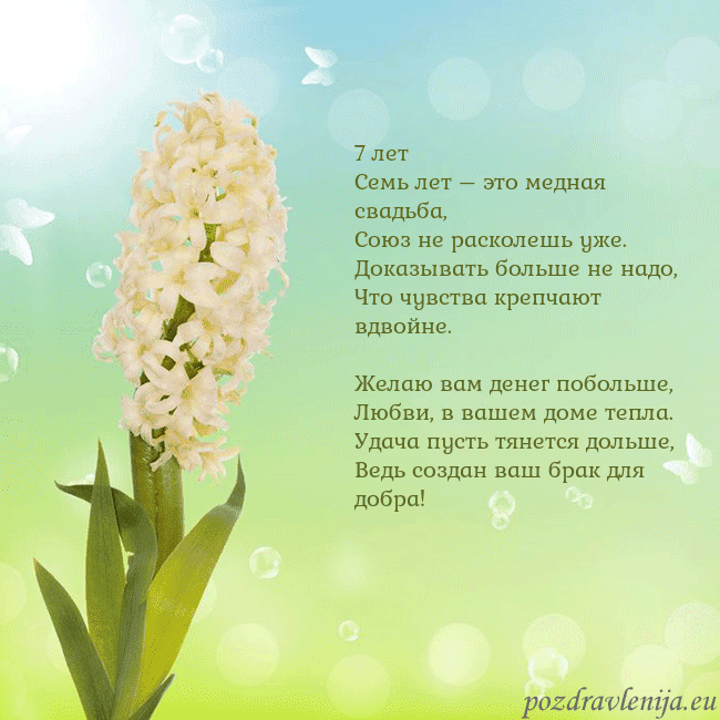 Открытка с гиацинтом 7 лет
Семь лет – это медная свадьба,
Союз не раско Открытка с гиацинтом
