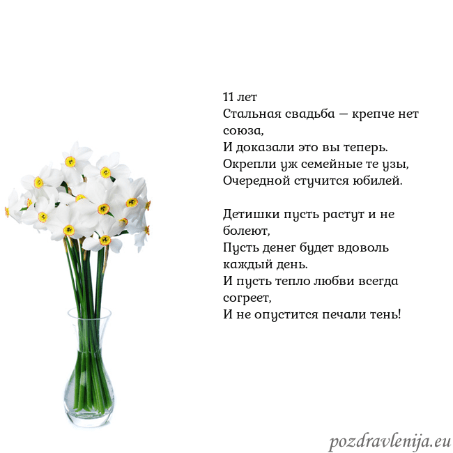 Открытка с нарциссами 11 лет
Стальная свадьба – крепче нет союза,
И дока Открытка с нарциссами