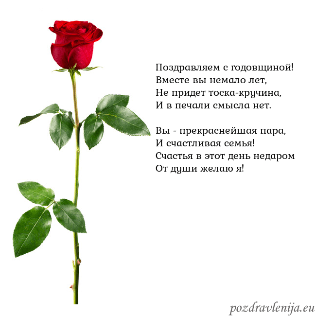 Открытка с красной розой Поздравляем с годовщиной!
Вместе вы немало лет,
Не Открытка с красной розой