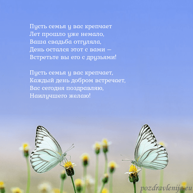 Свадебная открытка с двумя бабочками Пусть семья у вас крепчает
Лет прошло уже немало,
Свадебная открытка с двумя бабочками