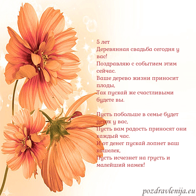 Открытка с оранжевыми цветами 5 лет
Деревянная свадьба сегодня у вас!
Поздравляю Открытка с оранжевыми цветами