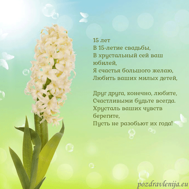 Открытка с гиацинтом 15 лет
В 15-летие свадьбы,
В хрустальный сей ваш ю Открытка с гиацинтом