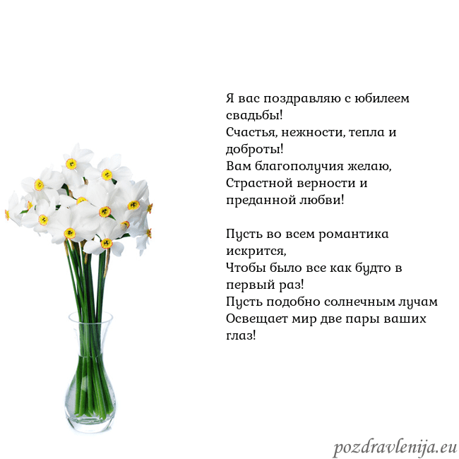 Открытка с нарциссами Я вас поздравляю с юбилеем свадьбы!
Счастья, нежно Открытка с нарциссами