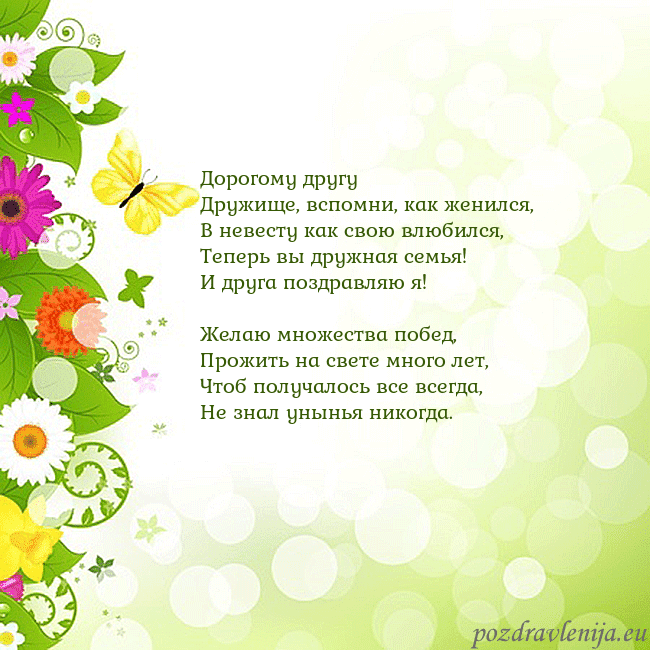 Открытка с разноцветными цветами и бабочками Дорогому другу
Дружище, вспомни, как женился,
В не Открытка с разноцветными цветами и бабочками