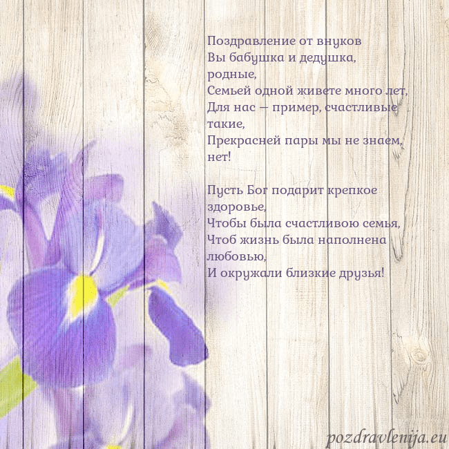 Открытка с ирисами Поздравление от внуков
Вы бабушка и дедушка, родны Открытка с ирисами