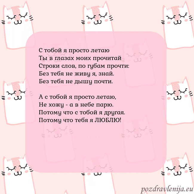 Розовая открытка с забавными кошками С тобой я просто летаю
Ты в глазах моих прочитай
С Розовая открытка с забавными кошками
