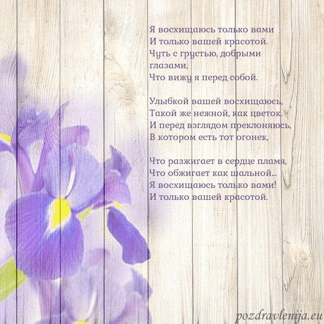 Открытка с ирисами Я восхищаюсь только вами
И только вашей красотой.
Открытка с ирисами
