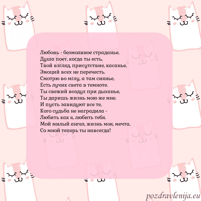 Розовая открытка с забавными кошками Любовь - безмолвное страданье,
Душа поет, когда ты Розовая открытка с забавными кошками