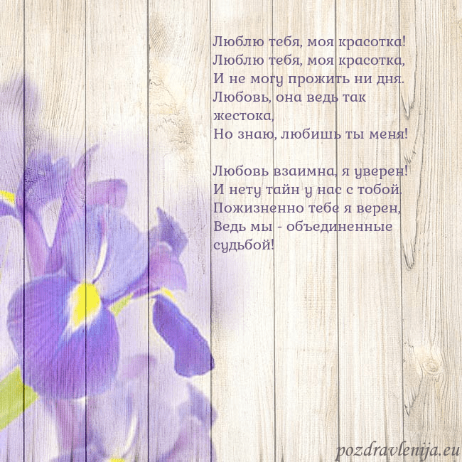 Открытка с ирисами Люблю тебя, моя красотка!
Люблю тебя, моя красотка Открытка с ирисами
