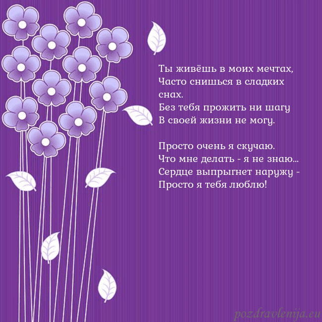 Открытка с фиолетовыми цветами Ты живёшь в моих мечтах,
Часто снишься в сладких с Открытка с фиолетовыми цветами