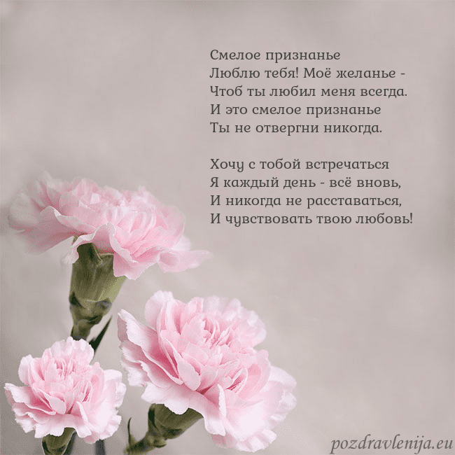 Открытка с розовыми гвоздиками Смелое признанье
Люблю тебя! Моё желанье -
Чтоб ты Открытка с розовыми гвоздиками