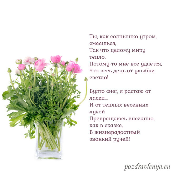 Открытка с цветами в вазе Ты, как солнышко утром, смеешься,
Так что целому м Открытка с цветами в вазе