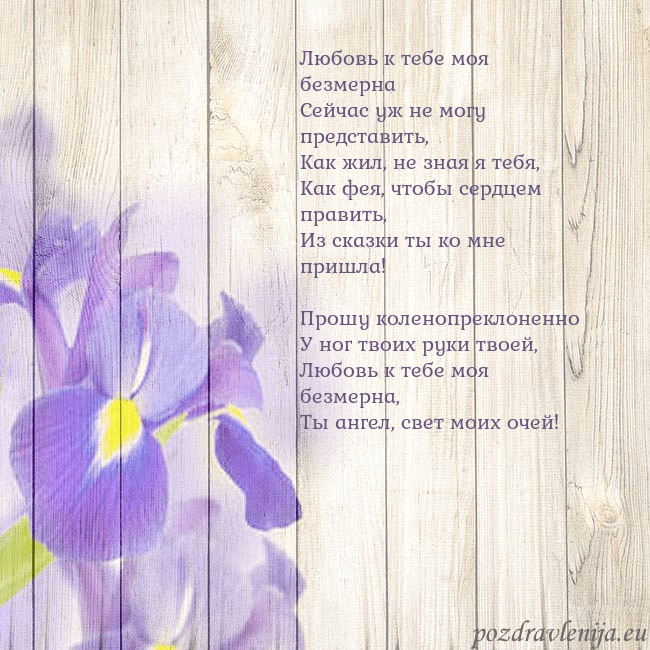 Открытка с ирисами Любовь к тебе моя безмерна
Сейчас уж не могу предс Открытка с ирисами