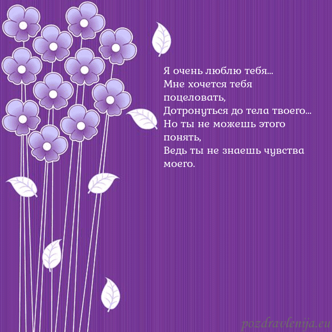 Открытка с фиолетовыми цветами Я очень люблю тебя...
Мне хочется тебя поцеловать, Открытка с фиолетовыми цветами